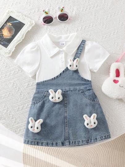 Baby Girls’ White Puff Sleeve Top with 3D Rabbit Denim Skirt Set