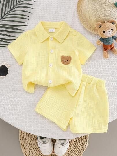 Toddler Boys’ Yellow Textured Bear Embroidered Shirt and Shorts Set
