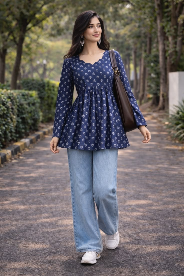 Women’s Navy Blue Printed Short Kurti Top