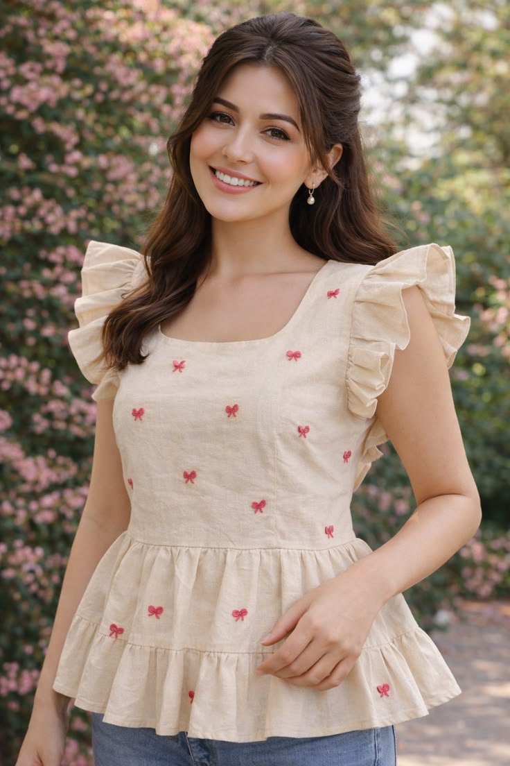 Women’s Beige Bow Embroidered Ruffle Peplum Top