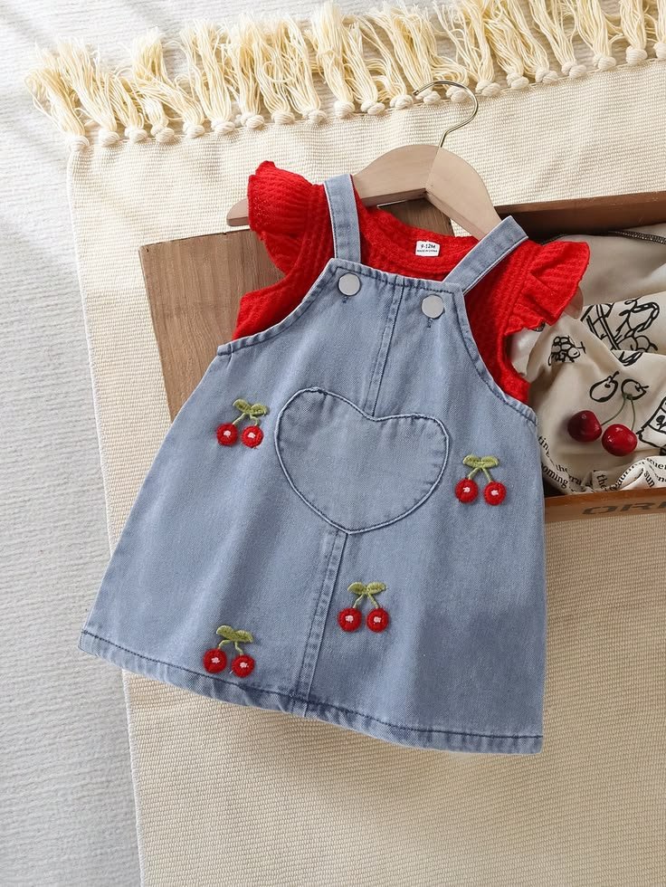 Baby Girls’ Cherry Embroidered Denim Pinafore Set