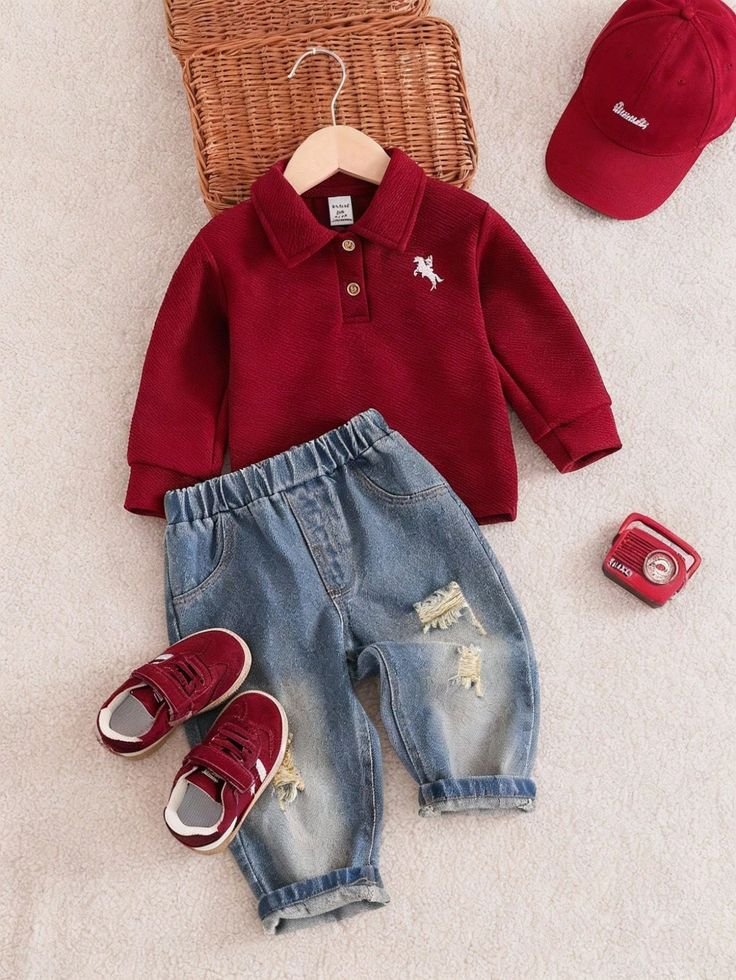 Name: Baby Boys’ Red Polo Neck Top with Distressed Denim Jogger Pants Set