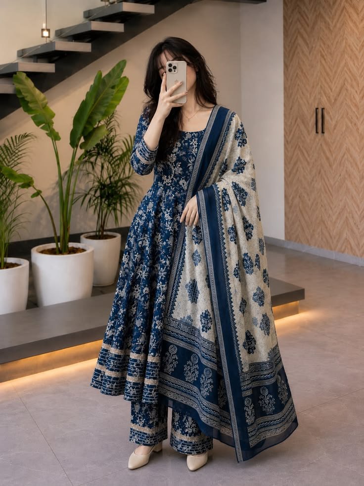 Indigo Floral Printed Anarkali Suit Set