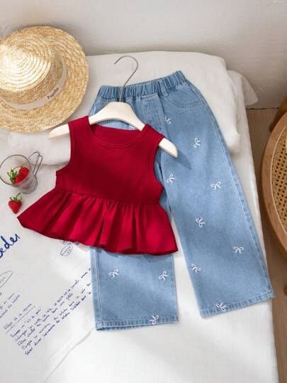 Girls’ Red Sleeveless Peplum Top with Butterfly Embroidered Denim Pants Set