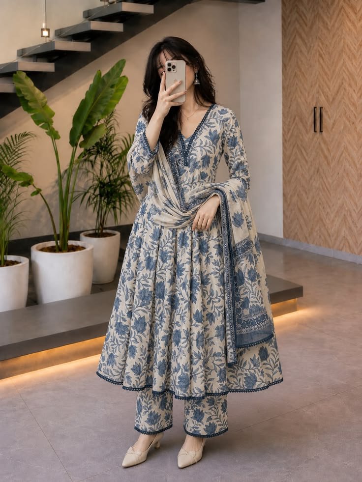 Blue & Cream Floral Anarkali Suit Set