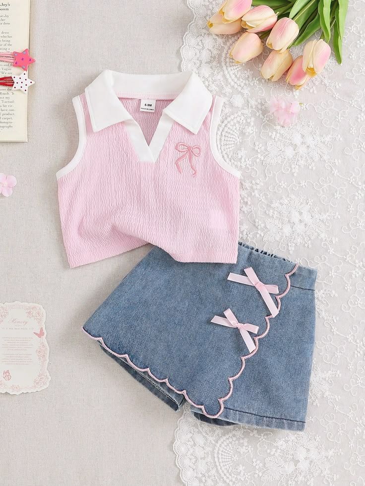 Baby Girls’ Pink Collared Sleeveless Bow Top with Denim Shorts Set