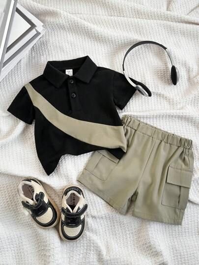 Toddler Boys’ Black Colorblock Polo Shirt with Cargo Shorts Set