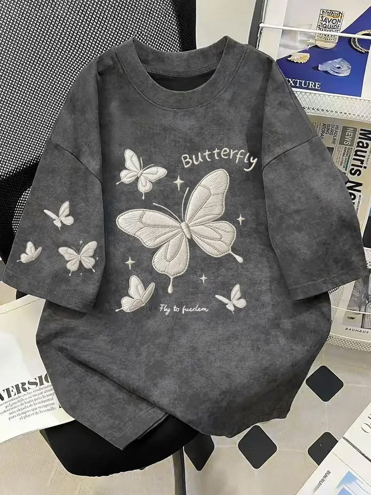 Women’s Charcoal Butterfly Washed Oversized T-Shirt