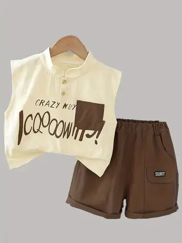 Toddler Boys’ Cream Graphic Sleeveless Top with Brown Shorts Set