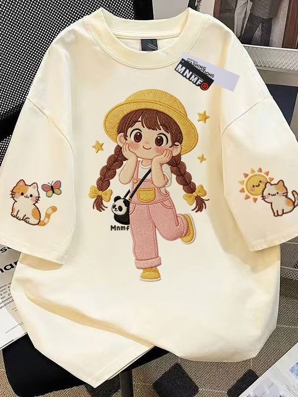Girls’ Cream Cartoon Printed Oversized T-Shirt
