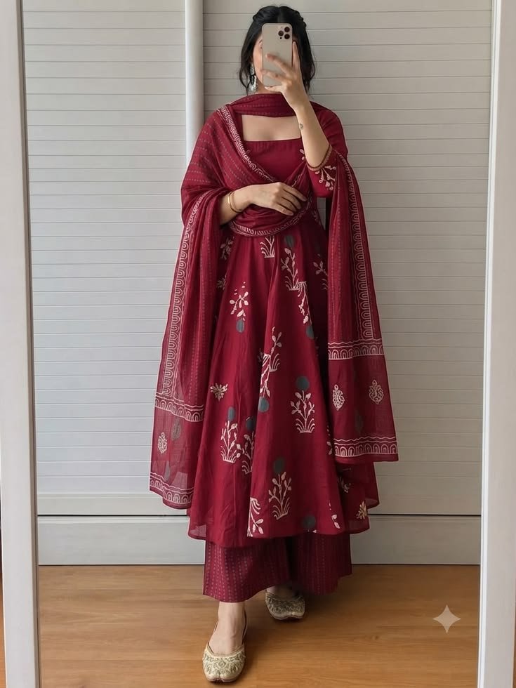 Maroon Floral Printed Cotton Kurta Set